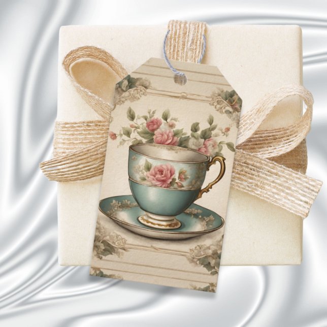 Étiquettes-cadeau Thé dans des tasses anciennes, Fête de mariage flo (Vintage Tea Cup Floral Bridal Shower Tea Party Gift Tags)