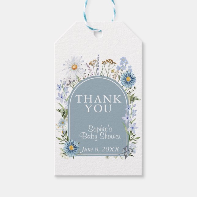 Étiquettes-cadeau Thé Party Bébé Bleu Poussiéreux Fête de Naissance  (Devant)