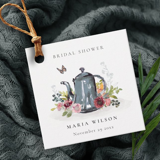 Étiquettes Cadeau Théière Florale Roses Joyeuses Fête de Mariage (Créateur téléchargé)