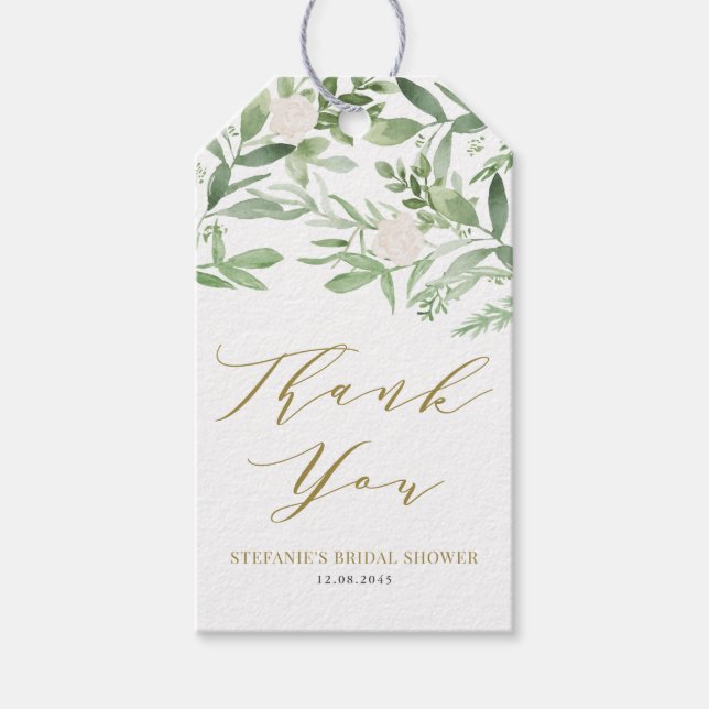 Étiquettes-cadeau Thème de verdure et de fleurs blanches pour une do (Devant)