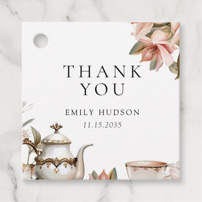 Étiquettes Cadeau Thème Élégant de Thé pour la Mariée (Devant)