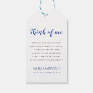 Étiquettes-cadeau Think Of Me Blue Celebration of Life Candle Favor