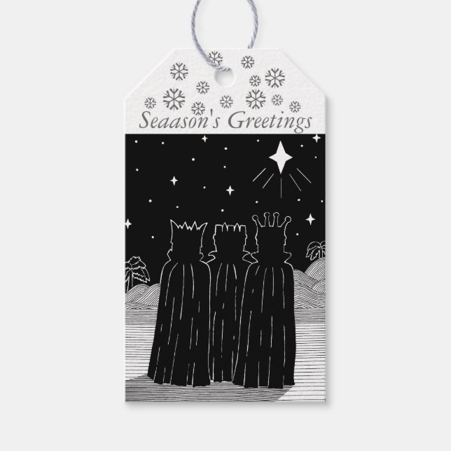 Étiquettes-cadeau Three kings and Christmas star black and white (Devant)