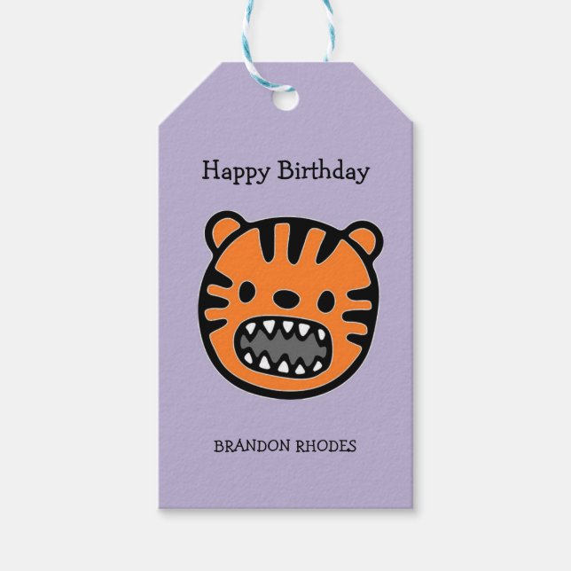 Étiquettes-cadeau Tigre brun mignon visage violet (Devant)