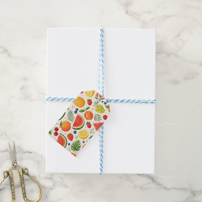 Étiquettes-cadeau Tissu à motif de fruits d'été | Pastèque tropicale (With Twine)
