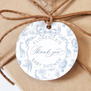 Étiquettes Cadeau Toile de Jouy Animaux de Safari Bleu Baby shower 