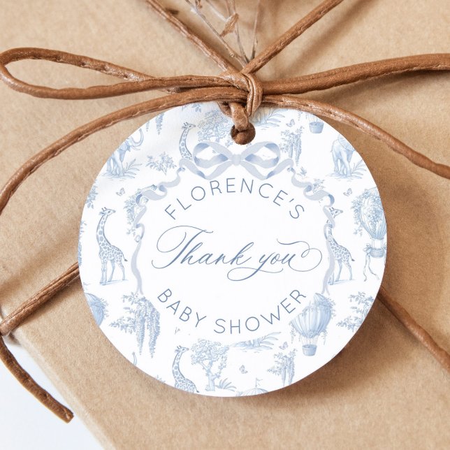 Étiquettes Cadeau Toile de Jouy Animaux de Safari Bleu Baby shower  (Créateur téléchargé)