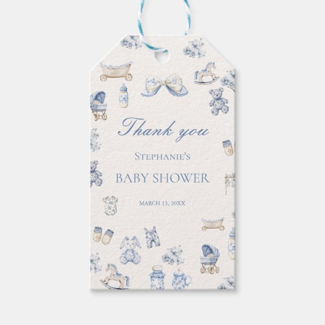 Étiquettes-cadeau Toile De Jouy Baby Shower Blue Bow Boy (Devant)