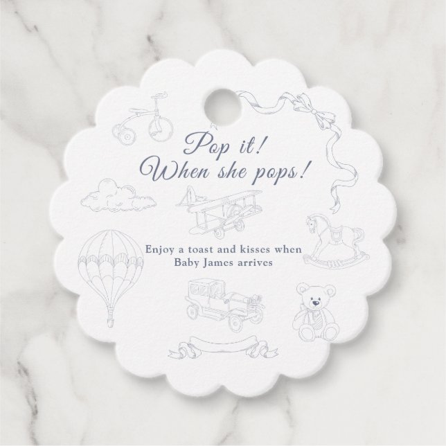 Étiquettes Cadeau Toile de Jouy Baby Shower Pop it (Devant)