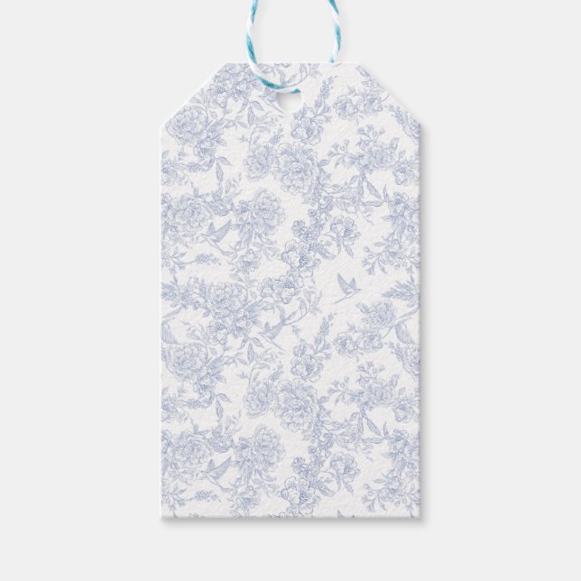 Étiquettes-cadeau Toile de Jouy Florale Bleue Élégante (Devant)