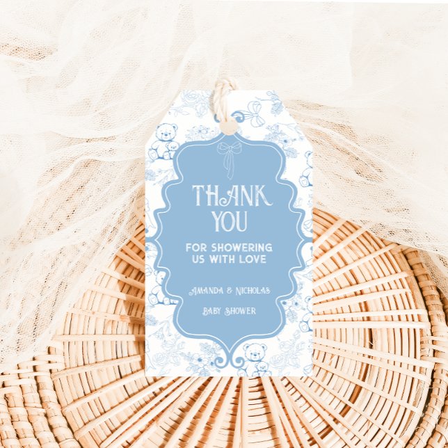 Étiquettes-cadeau Toile De Jouy Ours Baby shower Bleu Merci (Créateur téléchargé)