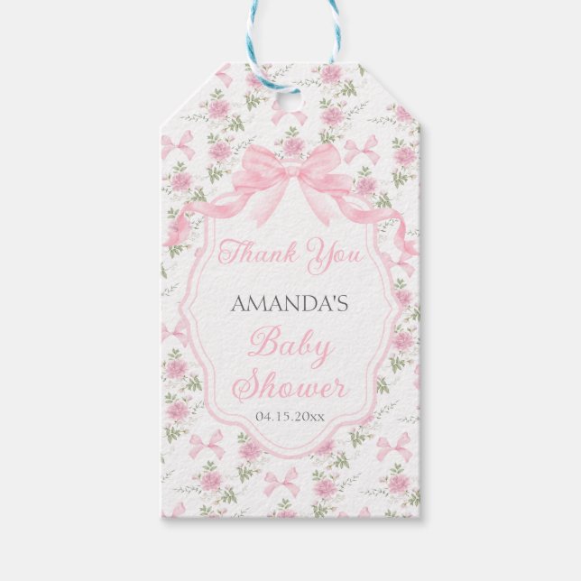 Étiquettes-cadeau Toile De Jouy Pink Bow Girl Baby Shower Party (Devant)