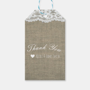 Étiquettes-cadeau Toile de jute et dentelle Cadeau de mariage simple