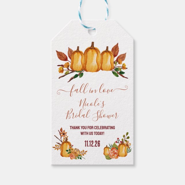 Étiquettes-cadeau Tombez amoureux, citrouille orange, Baby Shower Fl (Devant)