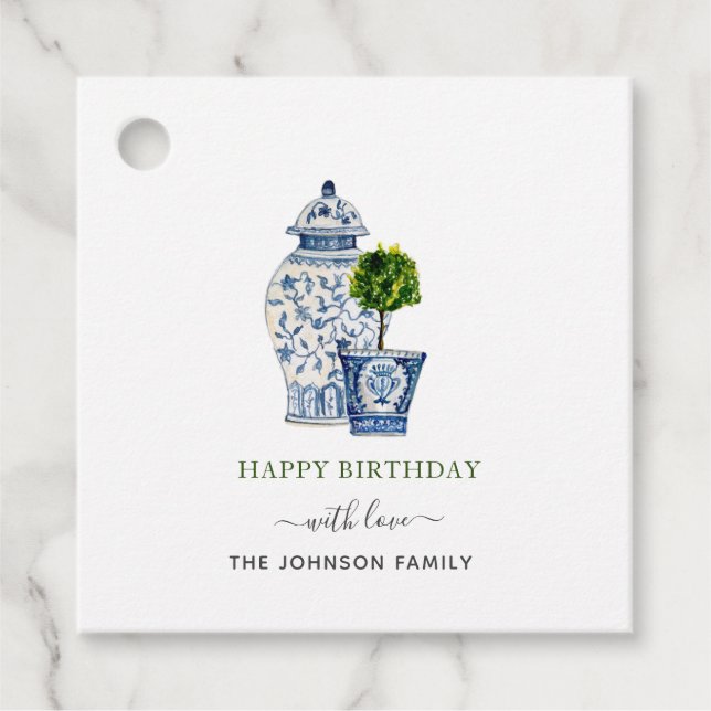 Étiquettes Cadeau Topiaires et pot à gingembre aquarelle Joyeux Anni (Devant)
