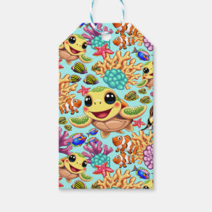 Étiquettes-cadeau Tortue de mer bébé heureuse et mignonne