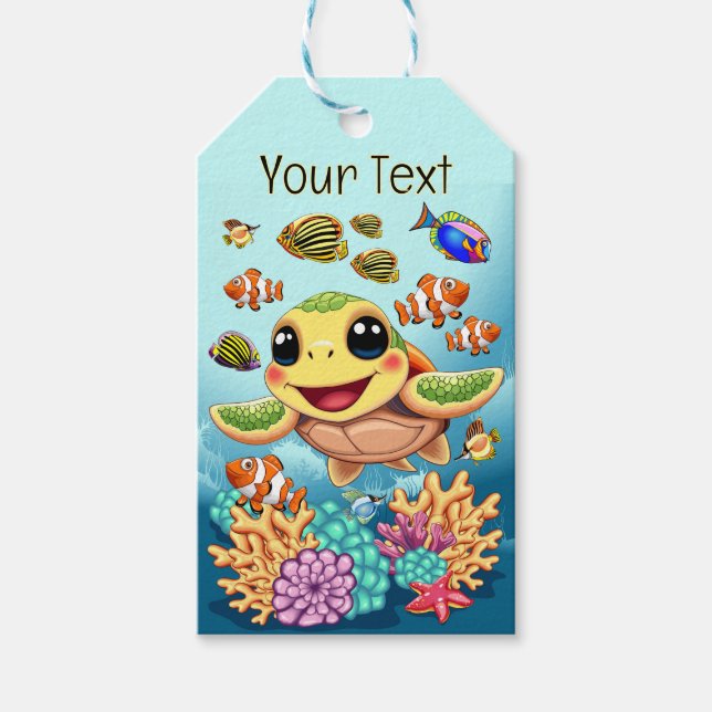 Étiquettes-cadeau Tortue de mer Bébé heureux et mignonne personnage (Devant)