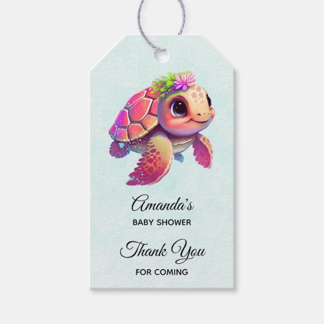 Étiquettes-cadeau Tortue de mer rose Whimsical & Merci de fête migno (Devant)
