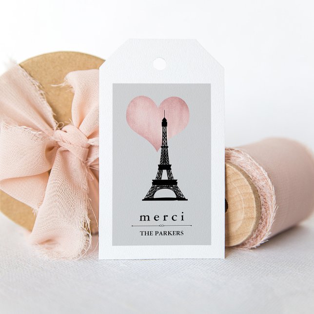 Étiquettes-cadeau Tour Eiffel chic Paris avec Coeur d'or Rose Merci (A chic and stylish French thank you gift tag)
