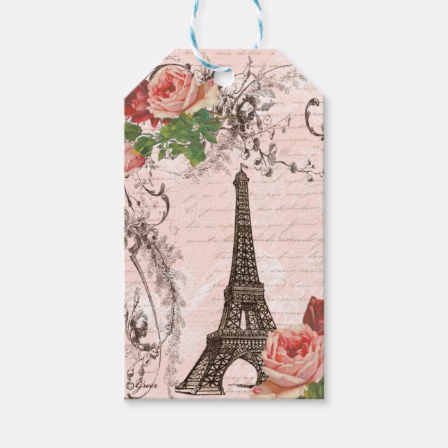 Étiquettes-cadeau Tour Eiffel Rose Rouge Roses Français Script (Devant)