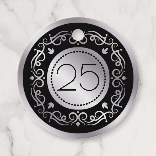 Étiquettes Cadeau Tourbillons noirs en argent 25e anniversaire Maria (Devant)