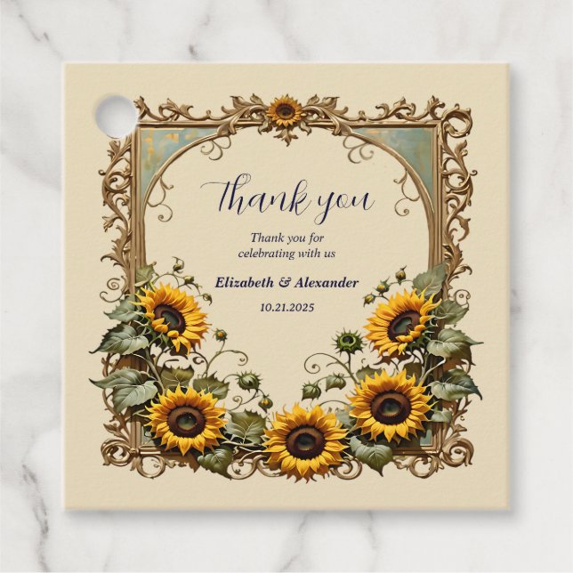 Étiquettes Cadeau Tournesol jaune avec cadre d'art mariage (Devant)