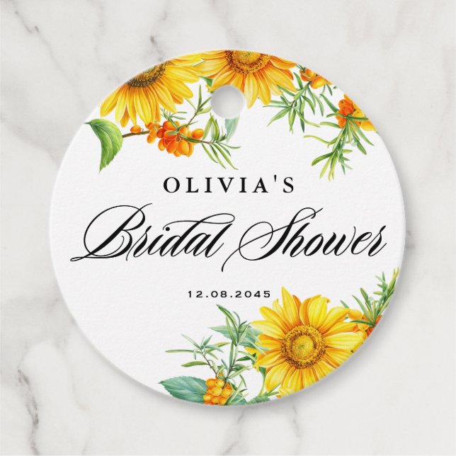 Étiquettes Cadeau Tournesol Jaune et Argousier Shower de Mariée (Devant)