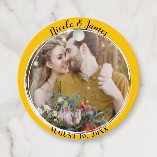 Étiquettes Cadeau Tournesol Jaune minimal Mariage photo ronde (Devant)