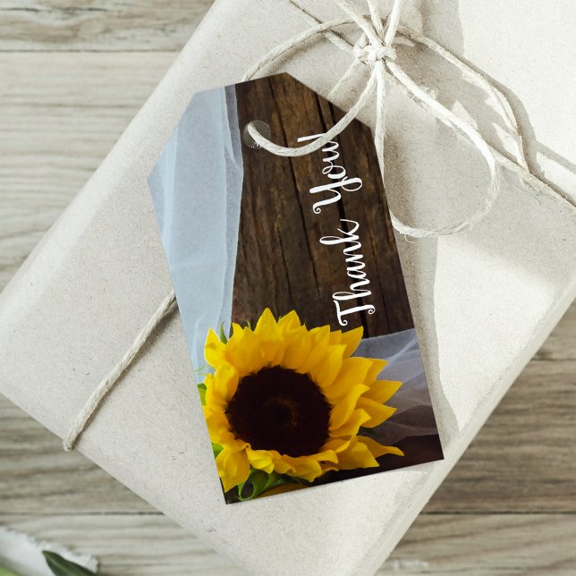Étiquettes-cadeau Tournesol jaune rustique et Mariage en bois de gra (Créateur téléchargé)
