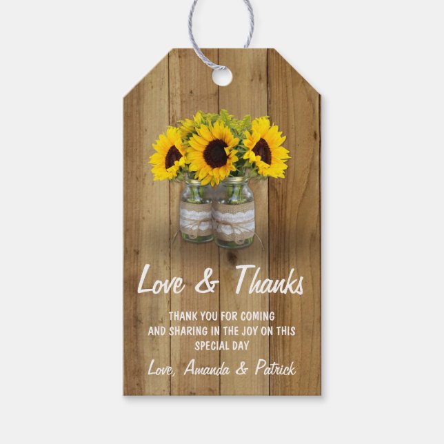 Étiquettes-cadeau Tournesol Mason Jar Burlap Dentelle Mariage Merci (Devant)