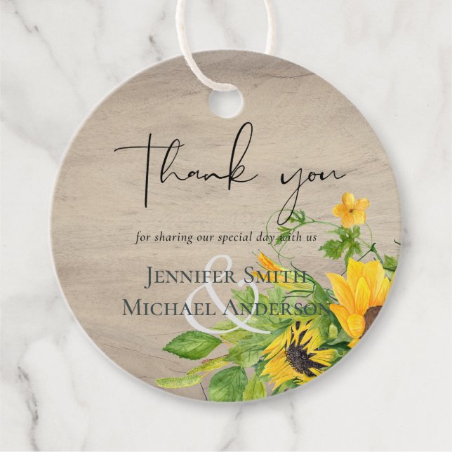 Étiquettes Cadeau Tournesol rustique Mariage Merci (Devant)