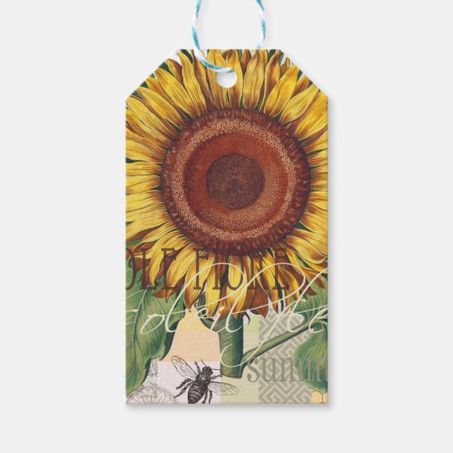Étiquettes-cadeau Tournesol Vintage Damas Fleur Art (Devant)