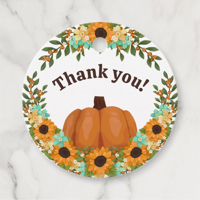 Étiquettes Cadeau Tournesols et citrouille orange Merci (Devant)