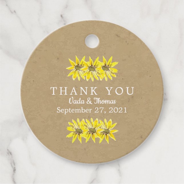 Étiquettes Cadeau Tournesols rustiques, Merci (Devant)
