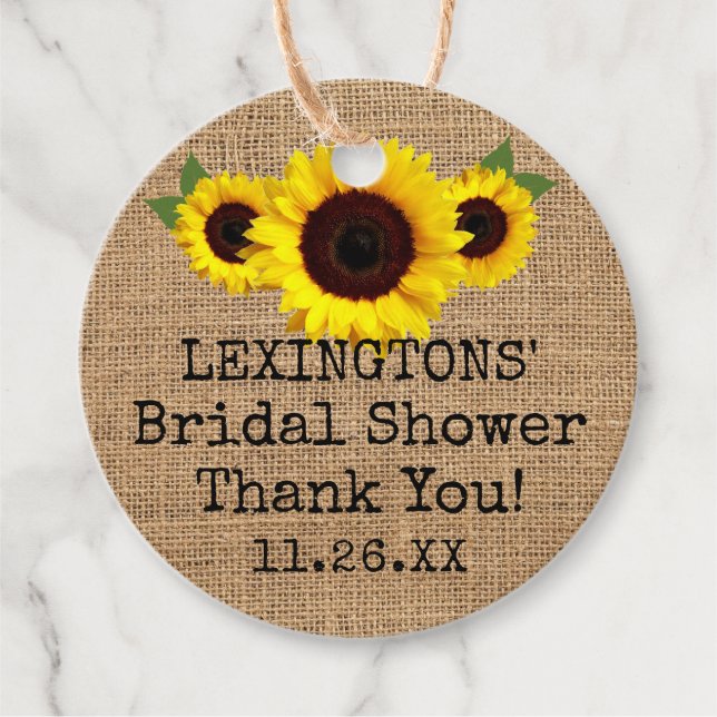 Étiquettes Cadeau Tournesols Sur Burlap Fête des mariées Automne Mer (Devant)