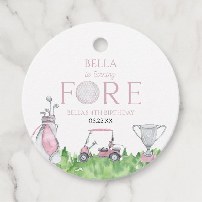 Étiquettes Cadeau Tournez Fore Pink Golf 4e fête d'anniversaire (Devant)