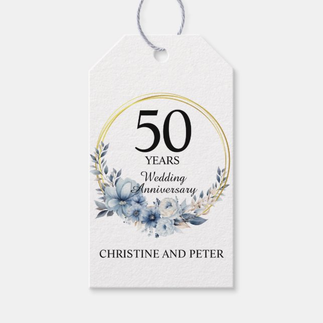 Étiquettes-cadeau Tout Mariage (50) Élégant Anniversaire Floral Bleu (Devant)