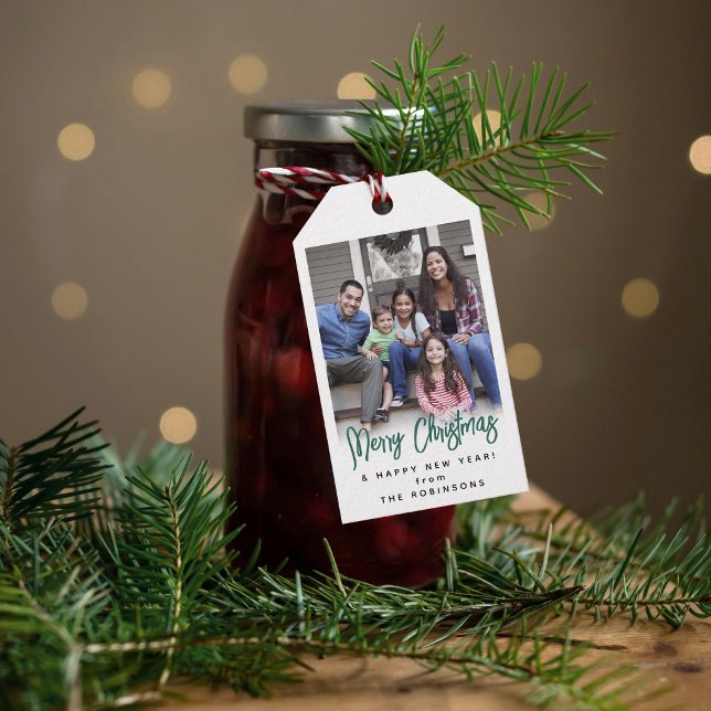 Étiquettes-cadeau Tout Texte Moderne Brossé Vert Script & Photo (Créateur téléchargé)