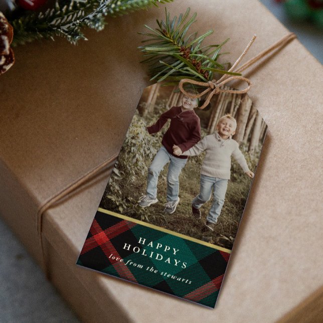 Étiquettes-cadeau Tradition Plaid Photo de Noël (Créateur téléchargé)