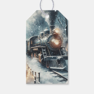 Étiquettes-cadeau Train à l'ancienne et scène d'hiver Vintage