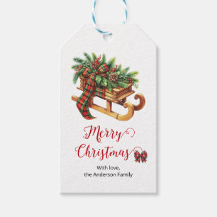 Étiquettes-cadeau Traîneau en bois branches de sapin carreau vert et
