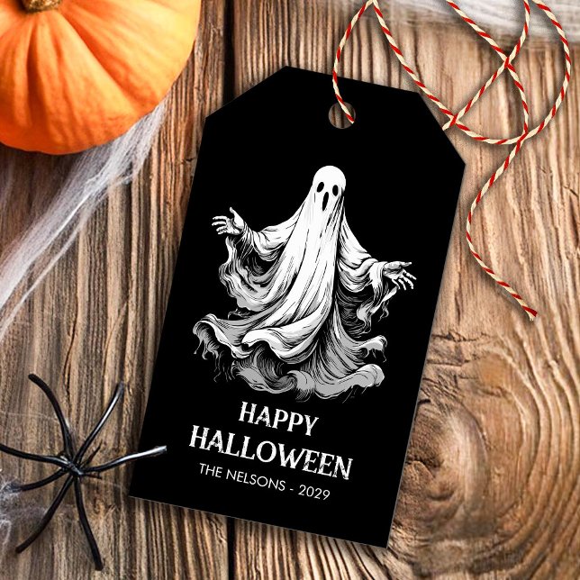Étiquettes-cadeau Traitement de fête d'Halloween heureux avec fantôm (Créateur téléchargé)