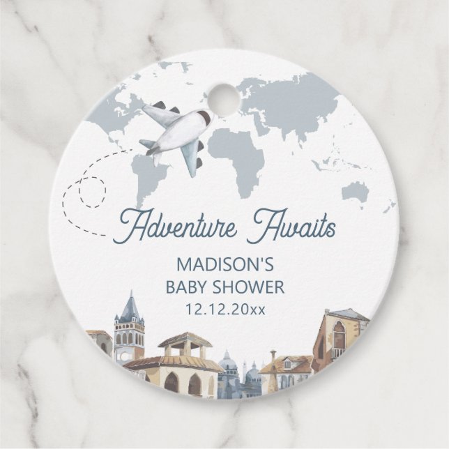 Étiquettes Cadeau Travel Adventure World Map Airplane Baby Shower  (Devant)