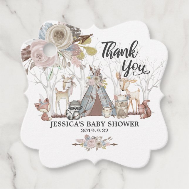 Étiquettes Cadeau Tribal Woodland Animaux Baby shower Merci fille (Devant)