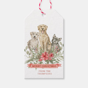 Étiquettes-cadeau Trois Chiens à fleurs Joyeux Noël