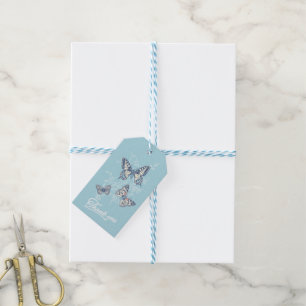 Étiquettes-cadeau Trois papillons dessinent bleu clair merci