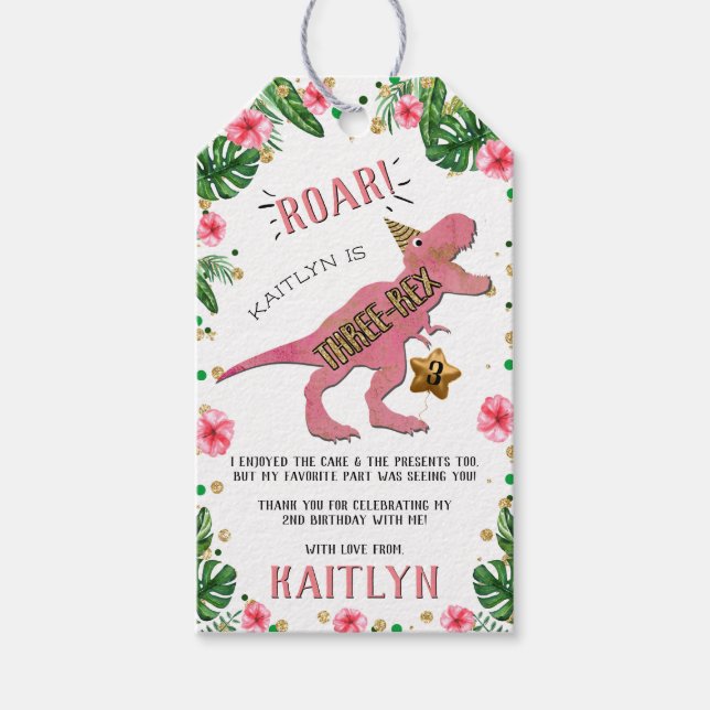 Étiquettes-cadeau Trois Rex Dinosaur 3ème anniversaire Merci Gi (Devant)