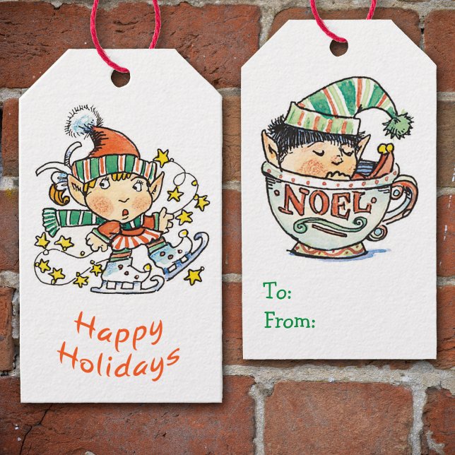 Étiquettes-cadeau Trop mignons elfes de Noël rétro (Créateur téléchargé)