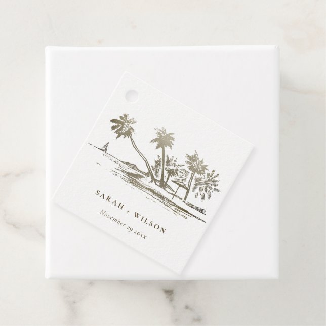 Étiquettes Cadeau Tropical Beach Palm Tree croquis Pale Gold Mariage (En situation)