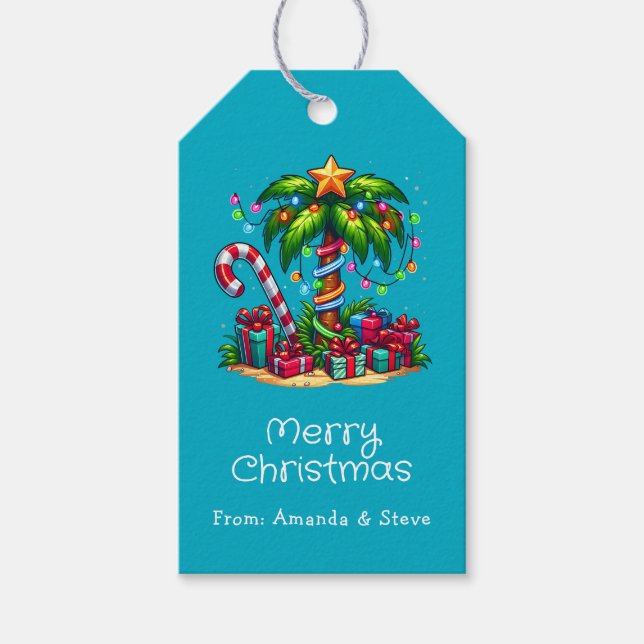 Étiquettes-cadeau Tropical Christmas Holiday Palm Tree (Devant)